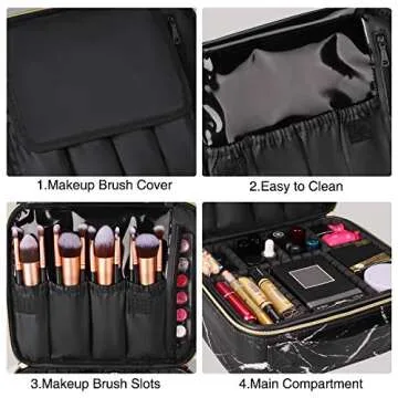 Relavel Travel Makeup Train Case Makeup Cosmetic Case Organizer Portable Artist Storage Bag with Adjustable Dividers for Cosmetics Makeup Brushes Toiletry Jewelry Digital Accessories (Marble, Black)