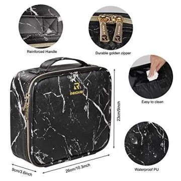 Relavel Travel Makeup Train Case Makeup Cosmetic Case Organizer Portable Artist Storage Bag with Adjustable Dividers for Cosmetics Makeup Brushes Toiletry Jewelry Digital Accessories (Marble, Black)