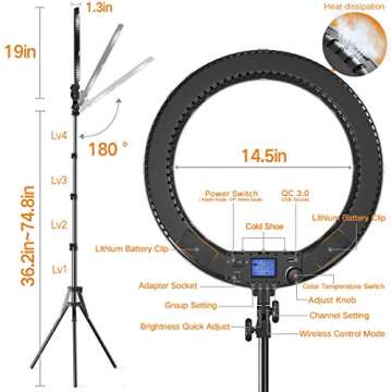 Ring Light with Wireless Remote and iPad Holder, Pixel 19” Bi-Color Ring Light with Stand,60W 3000-5800K CRI≥97 Light Ring with USB QC 3.0 for YouTube Live Stream Self-Portrait Video Shooting
