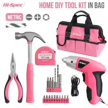 Hi-Spec 21pc Pink Small Home DIY Tool Kit for Women, College & Office. Ladies Basic Mini Tool Bag Set