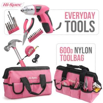 Hi-Spec 21pc Pink Small Home DIY Tool Kit for Women, College & Office. Ladies Basic Mini Tool Bag Set