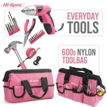 Hi-Spec 21pc Pink Small Home DIY Tool Kit for Women, College & Office. Ladies Basic Mini Tool Bag Set