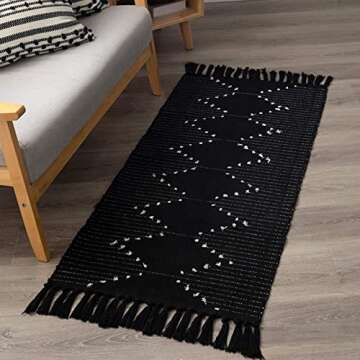 Breezsisan Boho Black Creamy Cotton Woven Kitchen Rugs Runner 2x4.3 ft Area Throw Tassel Rug Geometric Morrocon Accent Bohemian Carpet for Front Door Porch Bathroom Bedroom Porch Hallway Kitchen