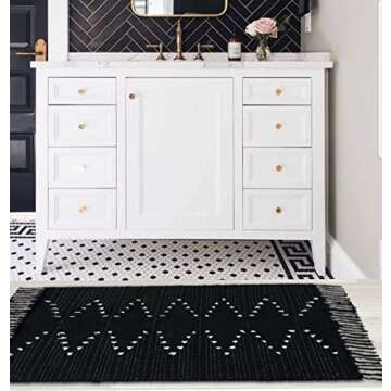 Breezsisan Boho Black Creamy Cotton Woven Kitchen Rugs Runner 2x4.3 ft Area Throw Tassel Rug Geometric Morrocon Accent Bohemian Carpet for Front Door Porch Bathroom Bedroom Porch Hallway Kitchen
