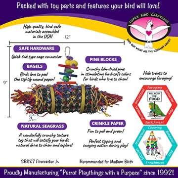 Super Bird Creations SB687 Firecracker Jr. Bird Toy - Foraging Chewing Swinging Toy for Parrots, Conures, Quakers, Pionus, Senegals - Natural Paper Shred Palm Leaves - Medium Birds, Size: 18" x 8"