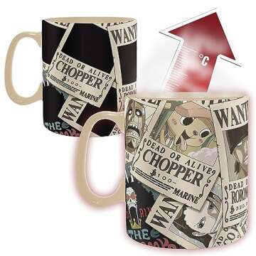 ABYstyle One Piece Straw Hat Crew Magic Heat Change Ceramic Coffee Tea Mug 16 Oz. & Absorbent Coaste...
