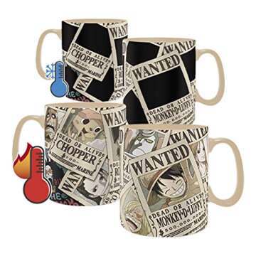 ABYstyle One Piece Straw Hat Crew Magic Heat Change Ceramic Coffee Tea Mug 16 Oz. & Absorbent Coaster Gift Set Anime Manga Drinkware 2 Pcs