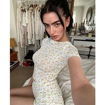 Yuemengxuan Women Two Pieces Knitted Shorts Set Printing Strap Crop Top Cami Tops High Waist Shorts Outfits Party Streetwear (Yellow Foral#B, S)