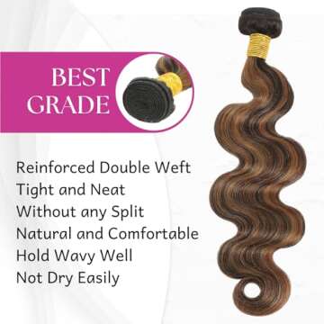 Anmetan Honey Blonde Highlight Bundles Human Hair Body Wave, Thick 10A Remy Hair FB30 Highlight Black and Brown Balayage Colored Single Wavy Bundle 100% Brazilian Unprocessed Human Hair bundles 10 IN