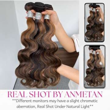 Anmetan Honey Blonde Highlight Bundles Human Hair Body Wave, Thick 10A Remy Hair FB30 Highlight Black and Brown Balayage Colored Single Wavy Bundle 100% Brazilian Unprocessed Human Hair bundles 10 IN