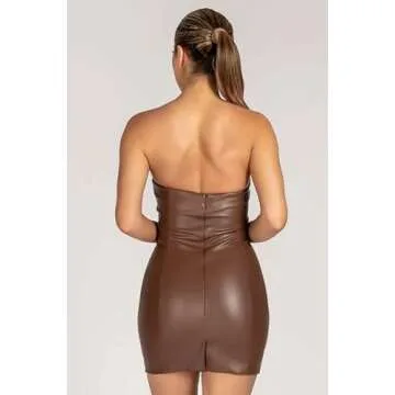 XLLAIS Women Leather Strapless Tube Mini Dress Sexy Bodycon Party Dress (Brown1, Large)