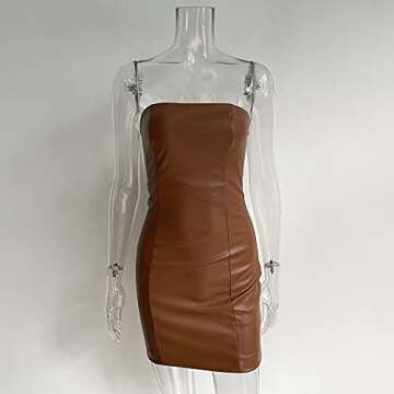 XLLAIS Women Leather Strapless Tube Mini Dress Sexy Bodycon Party Dress (Brown1, Large)