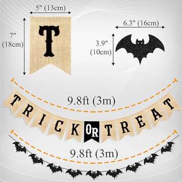 Uniwish Trick or Treat Burlap Banner Halloween Decorations for Mantel Fireplace Glitter Bat Garland Bunting Home Wall Decor Halloween Party Supplies