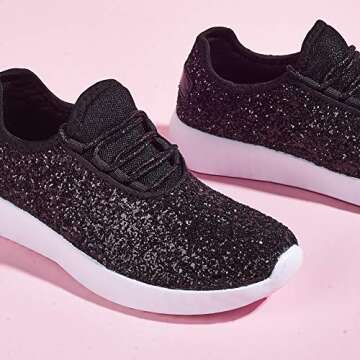 ROXY-ROSE Women's Glitter Tennis Sparkly Jogger Sneaker Red Silver White Black Stylish Shoes (10 B(M) US, Black-1)