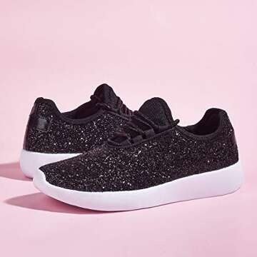 ROXY-ROSE Women's Glitter Tennis Sparkly Jogger Sneaker Red Silver White Black Stylish Shoes (10 B(M) US, Black-1)