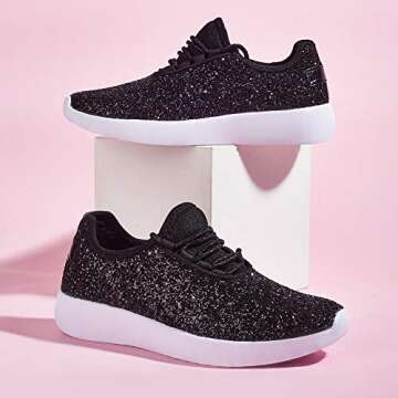 ROXY-ROSE Women's Glitter Tennis Sparkly Jogger Sneaker Red Silver White Black Stylish Shoes (10 B(M) US, Black-1)