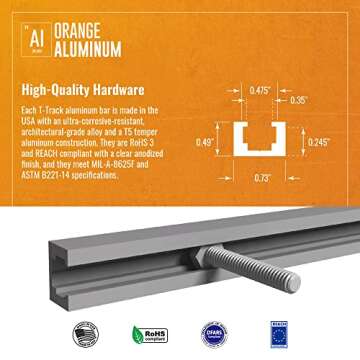 Orange Aluminum Industrial T-Track - Heavy-Duty T-Track - Track Accessories for Woodworking, Clamps & Jigs - 47/64" W x 1/2" H - 48"
