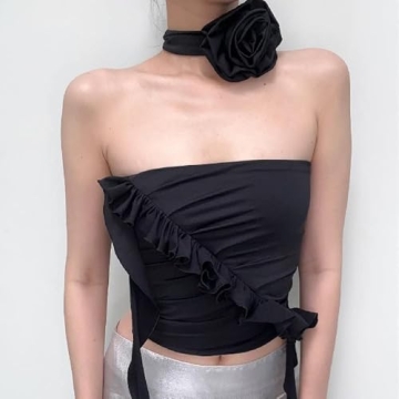 ABYOVRT Women 3D Flower Ruffle Crop Top for Parties