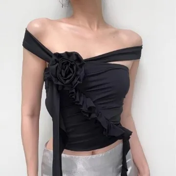ABYOVRT Women 3D Flower Ruffle Crop Top for Parties