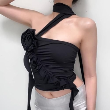 ABYOVRT Women 3D Flower Ruffle Crop Top for Parties