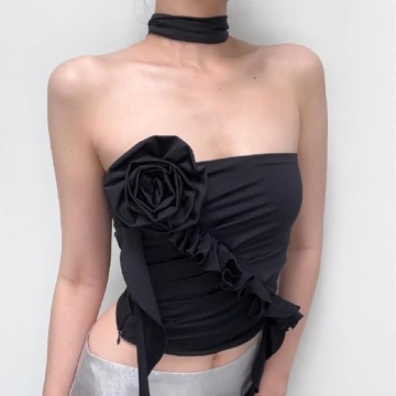 ABYOVRT Women 3D Flower Ruffle Crop Top for Parties
