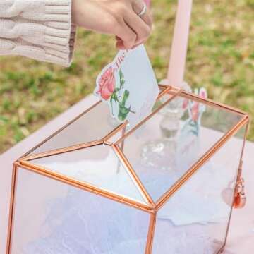 NCYP Small 10.2" x 5.9" x 7.9" Glass Card Box with Slot and Lock for Wedding Reception - Home Party Tabletop Centerpiece, Geometric Copper Decorative Terrarium, Rose Gold (Glass Box Only)