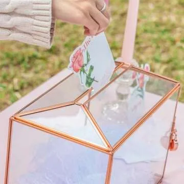 NCYP Small 10.2" x 5.9" x 7.9" Glass Card Box with Slot and Lock for Wedding Reception - Home Party Tabletop Centerpiece, Geometric Copper Decorative Terrarium, Rose Gold (Glass Box Only)