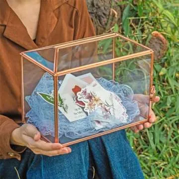 NCYP Small 10.2" x 5.9" x 7.9" Glass Card Box with Slot and Lock for Wedding Reception - Home Party Tabletop Centerpiece, Geometric Copper Decorative Terrarium, Rose Gold (Glass Box Only)