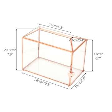 NCYP Small 10.2" x 5.9" x 7.9" Glass Card Box with Slot and Lock for Wedding Reception - Home Party Tabletop Centerpiece, Geometric Copper Decorative Terrarium, Rose Gold (Glass Box Only)