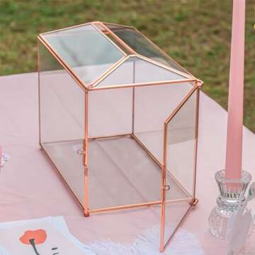 NCYP Small 10.2" x 5.9" x 7.9" Glass Card Box with Slot and Lock for Wedding Reception - Home Party Tabletop Centerpiece, Geometric Copper Decorative Terrarium, Rose Gold (Glass Box Only)