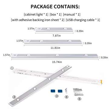 Under Cabinet Lights LED Motion Sensor Indoor, USB Rechargeable ,3 Light Modes Stepless Dimming Hill Light, 6500K Night Light for Closet Cabinet Kitchen Wardrobe (15.74in/40cm)