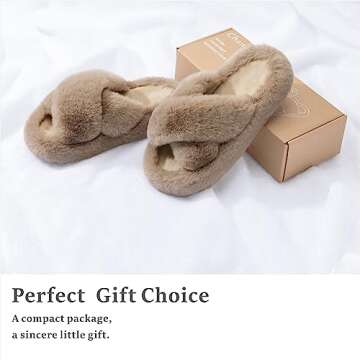 Chantomoo Women's Cross Slippers Memory Foam House Bedroom Slippers for Women Fuzzy Plush Comfy Faux Fur Lined Slide Shoes Anti-Skid Sole Trendy Gift Slippers Light BrownSize7 8 6.5