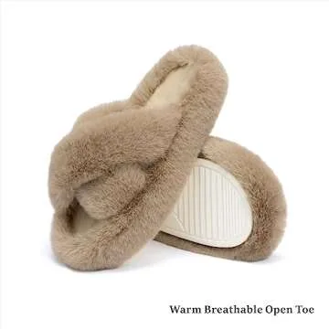 Chantomoo Women's Cross Slippers Memory Foam House Bedroom Slippers for Women Fuzzy Plush Comfy Faux Fur Lined Slide Shoes Anti-Skid Sole Trendy Gift Slippers Light BrownSize7 8 6.5