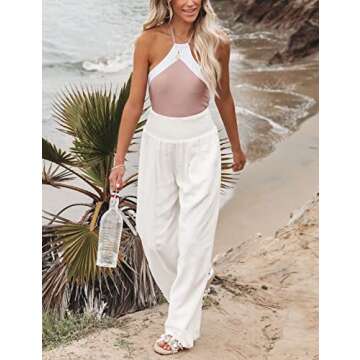 UANEO Women's White Linen Wide Leg Summer Pants