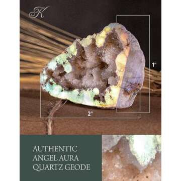KALIFANO Angel Aura Quartz Geode - Titanium Bonded High Energy Crystal Cuarzo Cluster/Druzy with Information Card - Natural Reiki Rock Used for Clarity and Purpose (Family Owned and Operated)