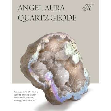 KALIFANO Angel Aura Quartz Geode - Titanium Bonded High Energy Crystal Cuarzo Cluster/Druzy with Information Card - Natural Reiki Rock Used for Clarity and Purpose (Family Owned and Operated)