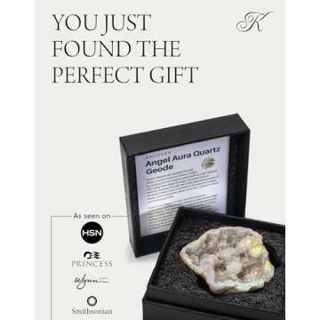 KALIFANO Angel Aura Quartz Geode - Titanium Bonded High Energy Crystal Cuarzo Cluster/Druzy with Information Card - Natural Reiki Rock Used for Clarity and Purpose (Family Owned and Operated)