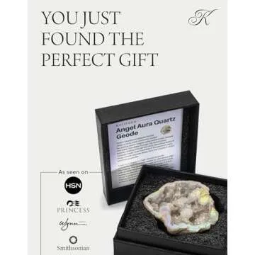 KALIFANO Angel Aura Quartz Geode - Titanium Bonded High Energy Crystal Cuarzo Cluster/Druzy with Information Card - Natural Reiki Rock Used for Clarity and Purpose (Family Owned and Operated)