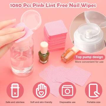 1080 + 3 Pcs Lint Free Nail Wipes Kit, Disposable Nail Polish Remover Pads Non-Woven Nails Eyelash Extensions Wipes, Nail Polish Remover Wipes with 200 ML Bottle, 2 Pcs Cuticle Pusher (Pink)