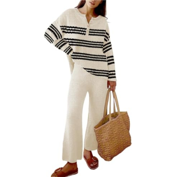 ETCYY NEW Women's Two Piece Trendy Sweater Set Outfit Knit Lounge Set Oversized Pullover Wide Leg Pa...