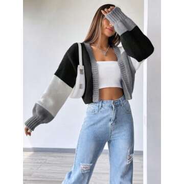 SHENHE Women's Color Block Cardigan Open Front Long Sleeve Knit Cropped Sweater Black M