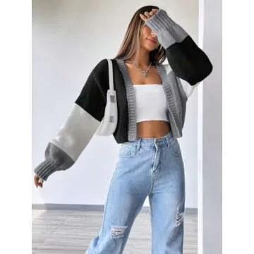 SHENHE Women's Color Block Cardigan Open Front Long Sleeve Knit Cropped Sweater Black M