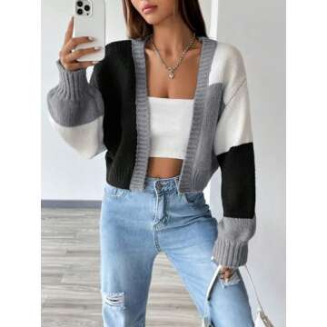 SHENHE Women's Color Block Cardigan Open Front Long Sleeve Knit Cropped Sweater Black M