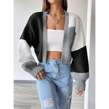 SHENHE Women's Color Block Cardigan Open Front Long Sleeve Knit Cropped Sweater Black M