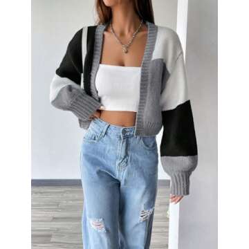 SHENHE Women's Color Block Cardigan Open Front Long Sleeve Knit Cropped Sweater Black M