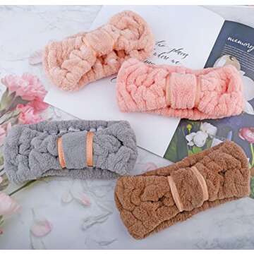 4 Pack Microfiber Towel Headbands for Washing Face, Facial Headbands Makeup Headband Spa Headband Skincare Headband Fash Wash Headband for Women and Girls (Coffee,Flesh Pink, Grey,Bright Red)