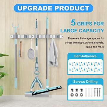 MIMIEYES Broom Holder, Mop and Broom Holder Wall Mount,Stainless Steel Broom Organizer Wall Mounted Tools Hanger, Heavy Duty Storage Organization for Home Kitchen Garden Garage Room(5 Racks 4 Hooks)
