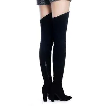 Shoe'N Tale Women Stretch Suede Chunky Heel Over The Knee Boots Thigh High for Women (9,Suede Black)