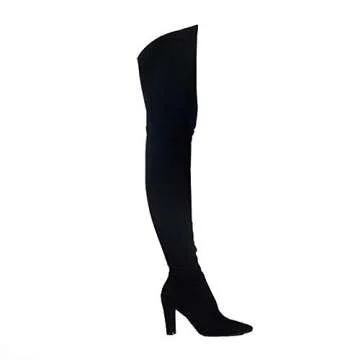 Shoe'N Tale Women Stretch Suede Chunky Heel Over The Knee Boots Thigh High for Women (9,Suede Black)