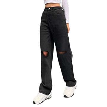 Genleck Women Loose Ripped Boyfriends Jeans High Waist Baggy Denim Pants Distressed Wide Leg Jeans Y2K Mom Jeans Black